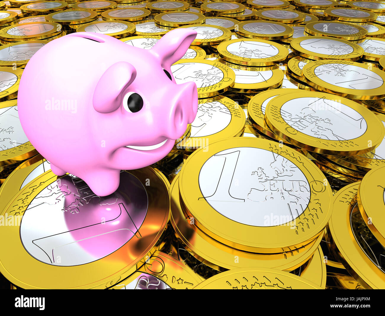 Happy pink piggy bank on pile of Euro coins, concept of savings and ...