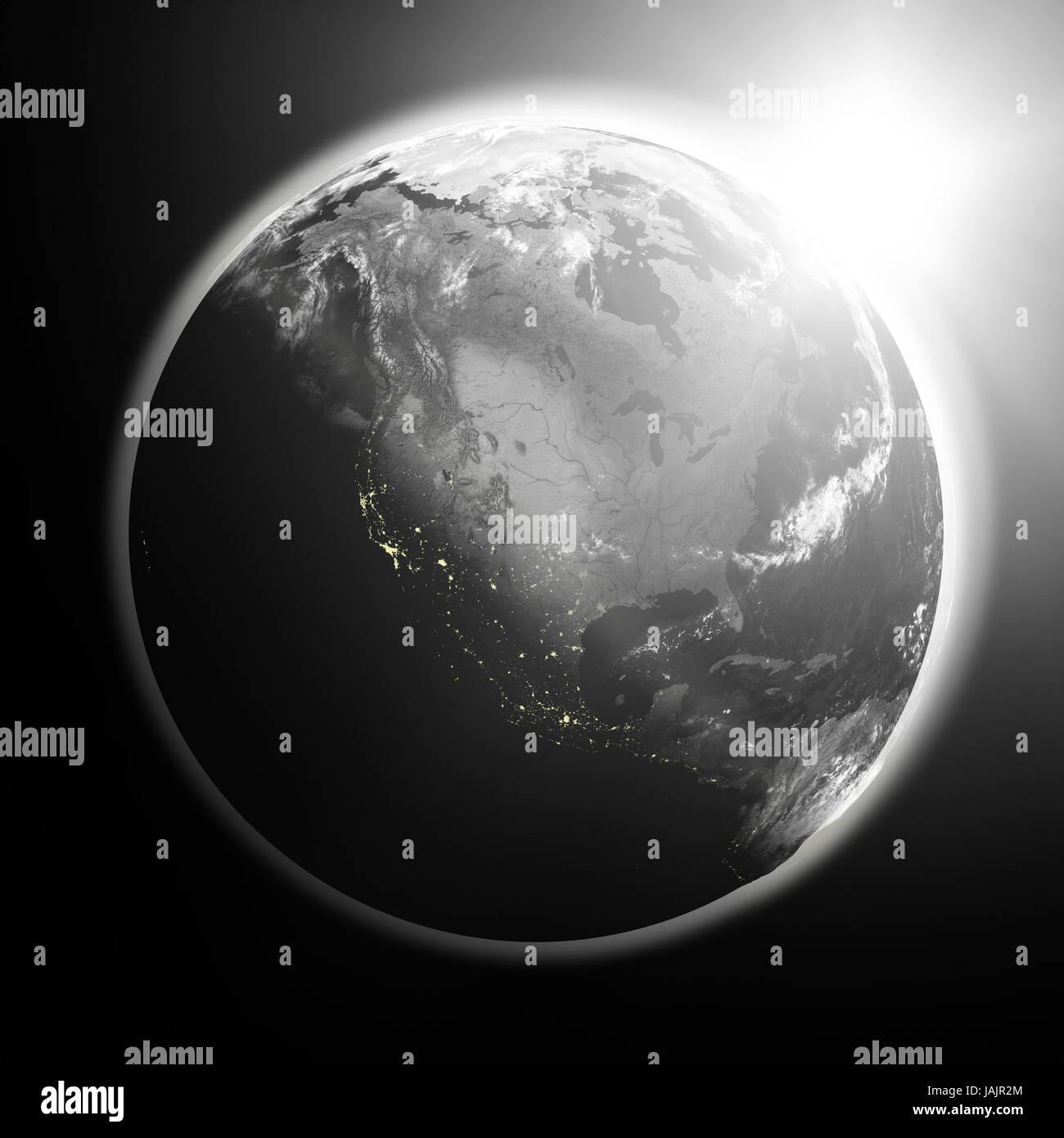 Space view of the sun rising over North America on black planet Earth ...