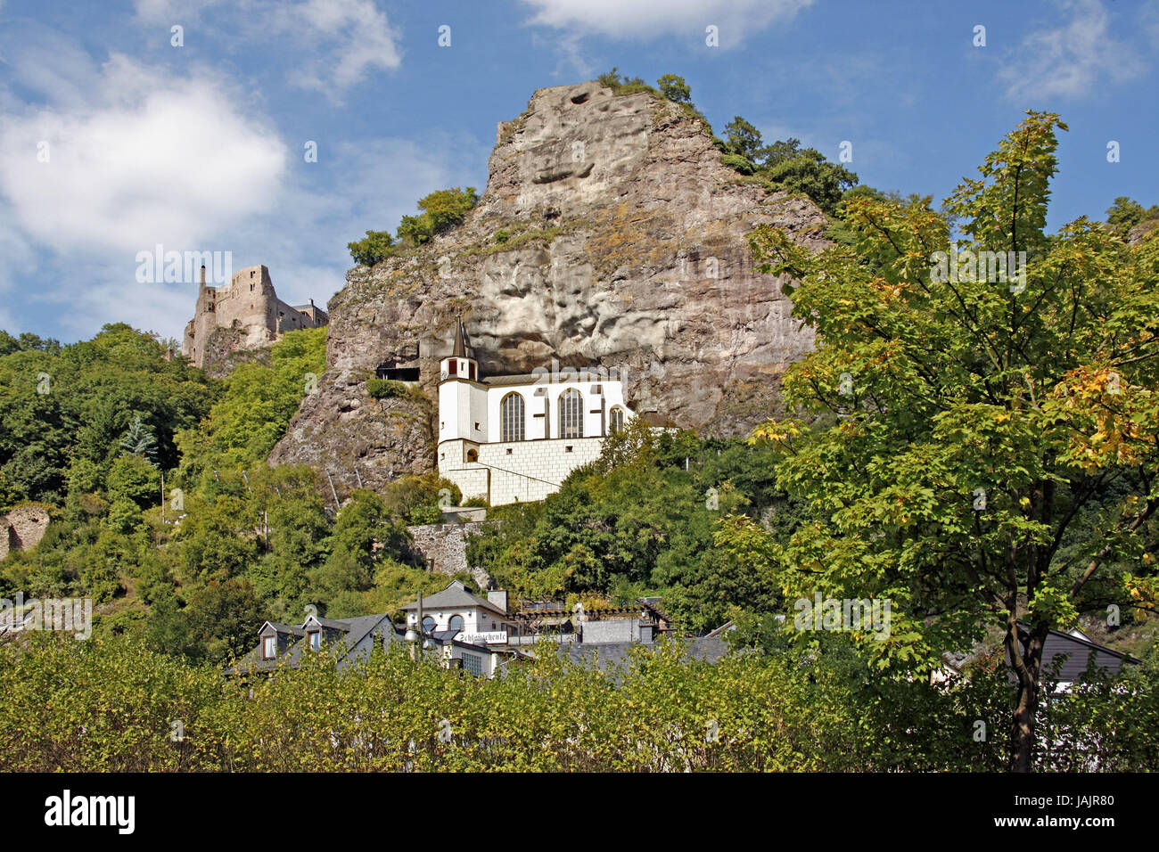 Germany,Rhineland-Palatinate,Idar-Oberstein,castle Bosselstein,rock church,lock,castle,outside,rocks,church,rock church,church,steeple, Stock Photo