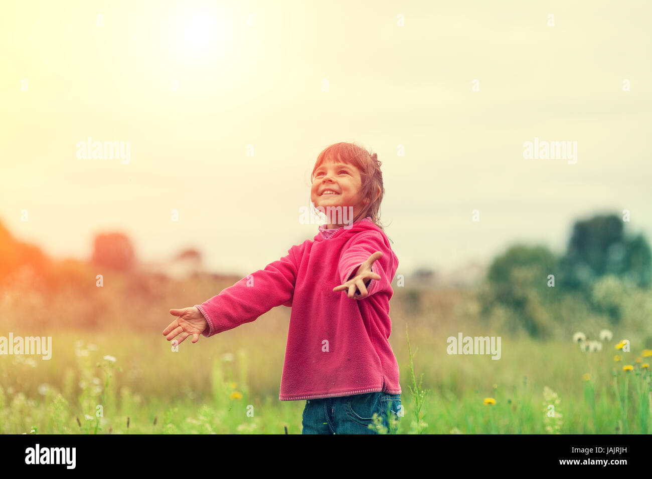 Happy little girl with hands up on the meadow in sunny day Stock Photo ...