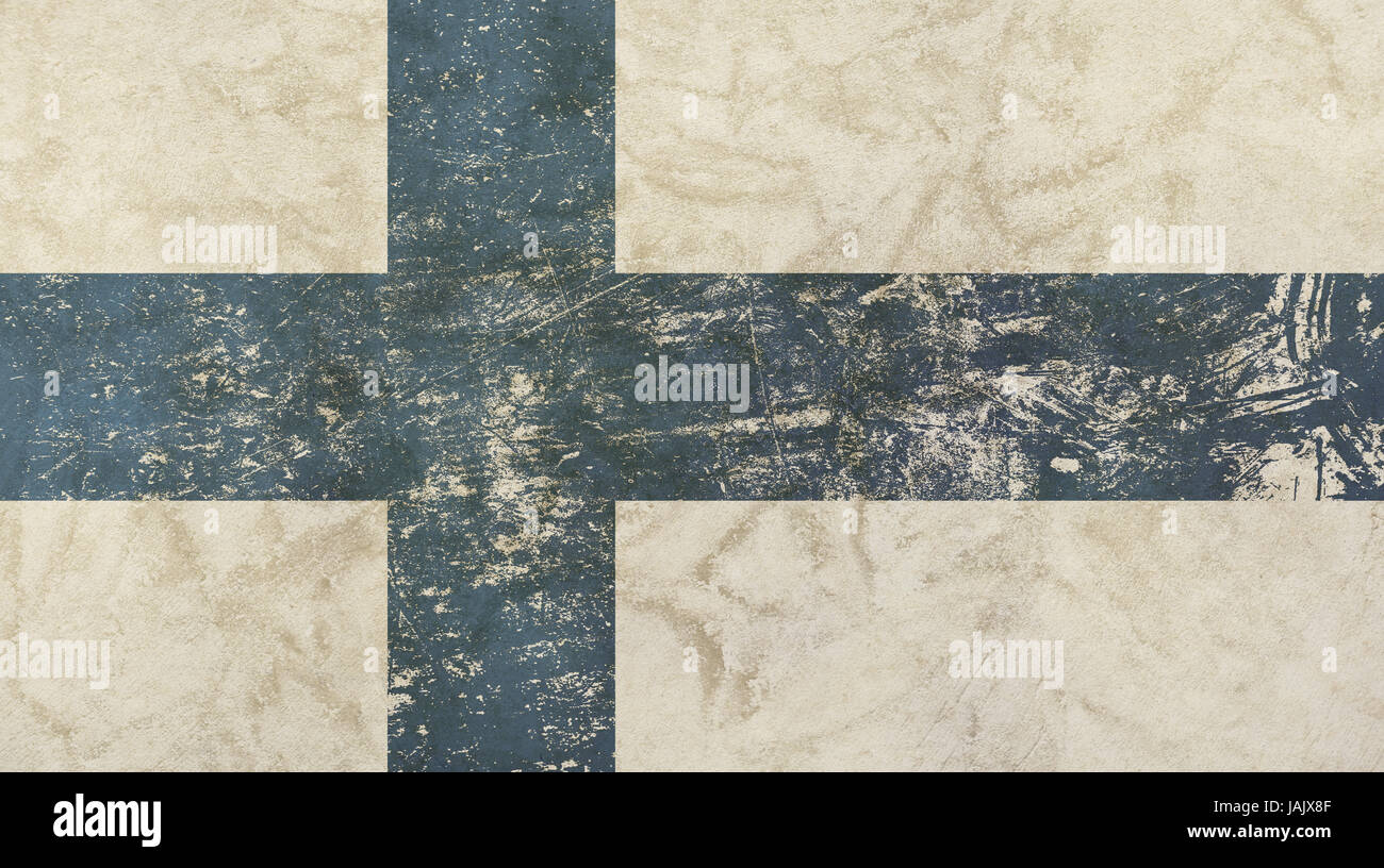 Old grunge vintage dirty faded shabby distressed Finnish (Republic of Finland) national flag with blue cross over white background Stock Photo