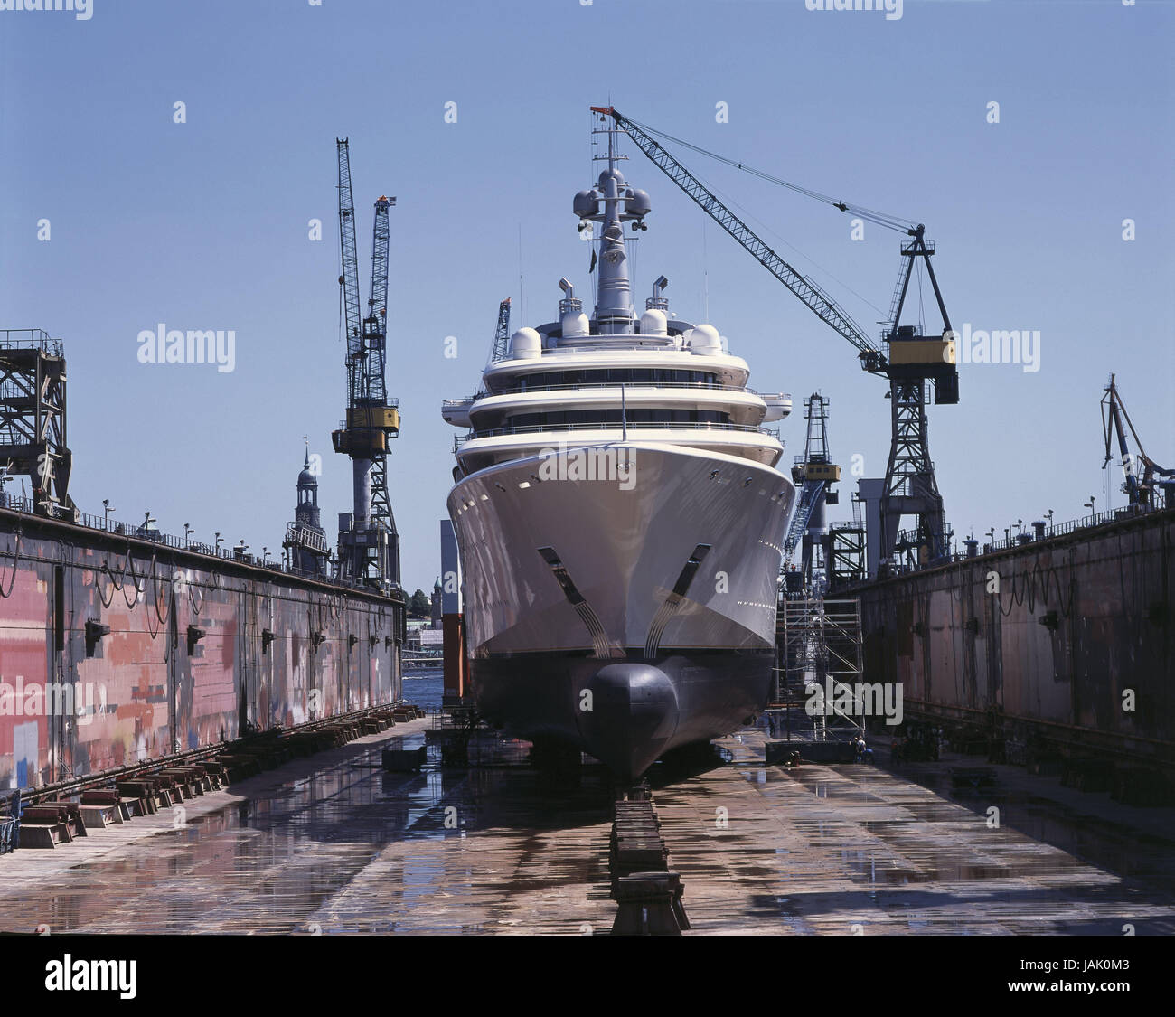 Germany,Hamburg,harbour,shipyard,superyacht 'Eclipse',swimming dock,Blohm and Voss,harbour,dock,ship,dockyard,cranes,superyacht,yacht,yacht,luxury,wealth,mega yacht,Eclipse,maintenance,overhaul,Abramowitsch, Stock Photo