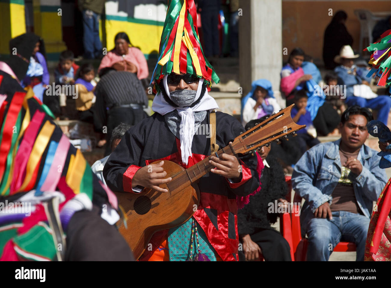 Mexico,Chiapas,San Juan Chamula,carnival,man,Maya,Mono,guitar, Stock Photo