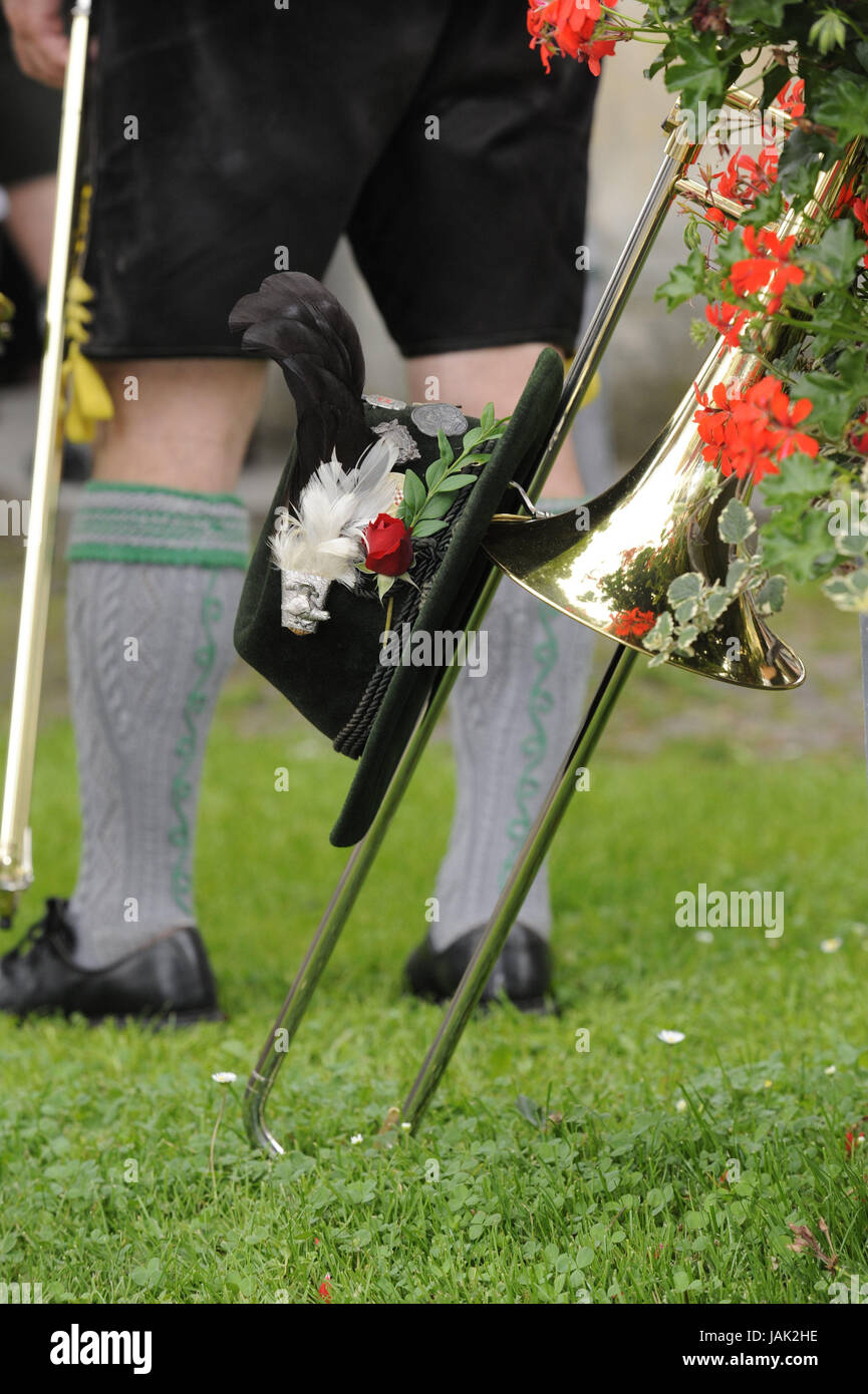 Mountain contactors,leather ball trousers,trombone,care,person,man,Trachtler,national costume,festival with traditional costumes,national costume parade,goal spree,protection procession,tradition,culture,traditions,in Bavarian,historically,mountain scorer,musical instrument,headgear,Germany,Bavaria,to Neubeuern, Stock Photo