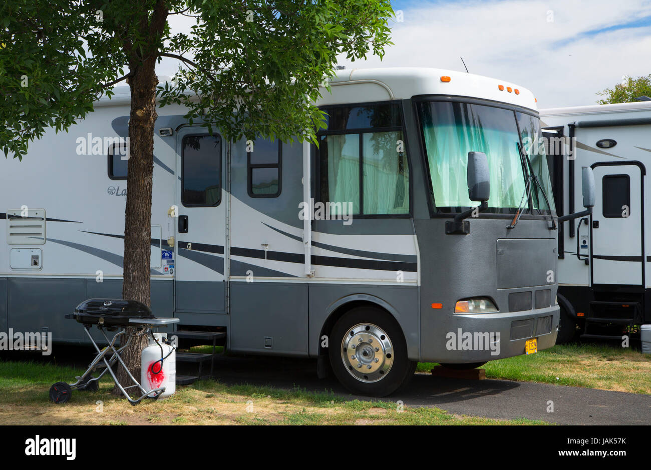 Motorhome in campground, Crook County Fairgrounds, Prineville, Oregon