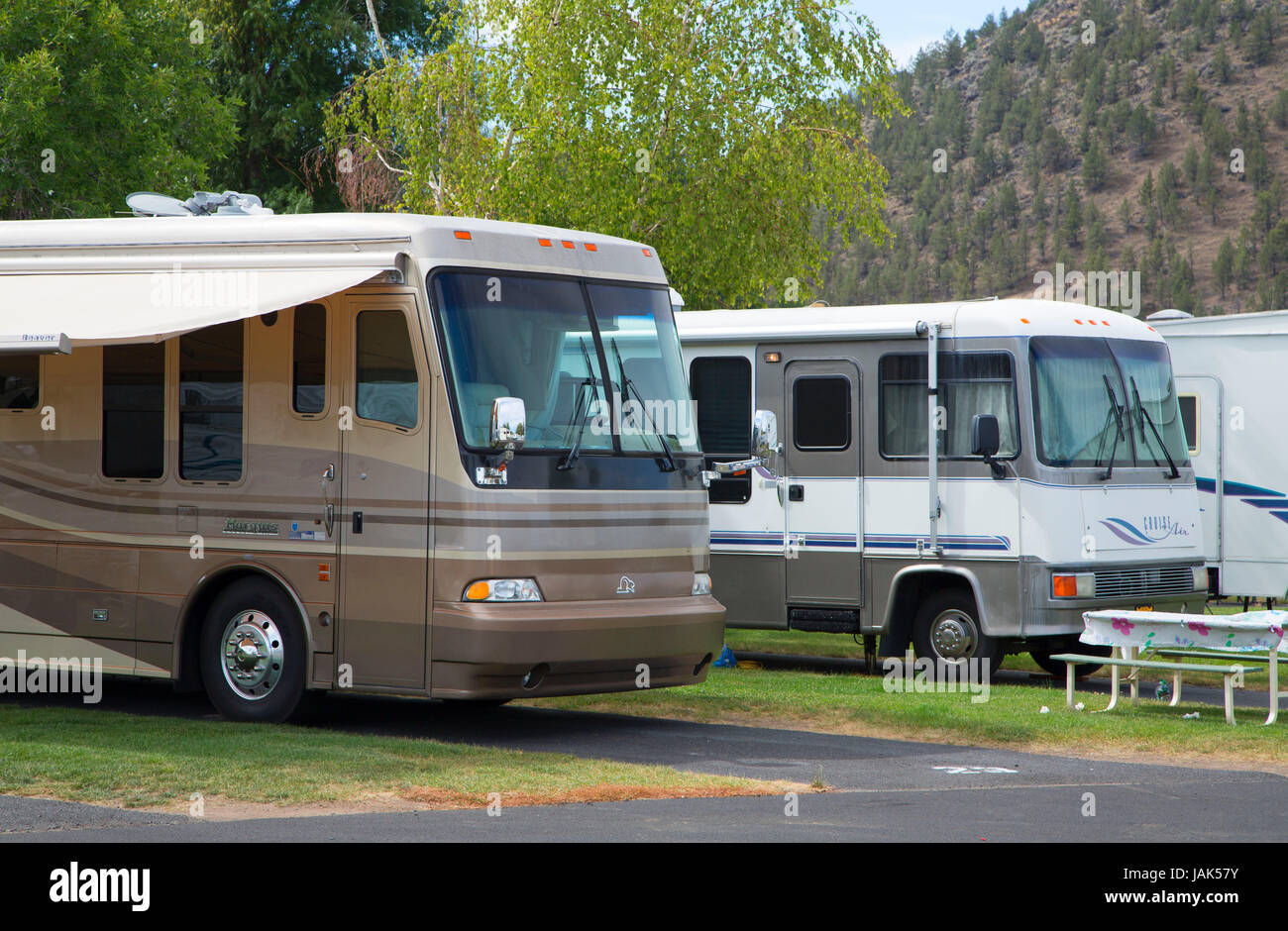Motorhome in campground, Crook County Fairgrounds, Prineville, Oregon