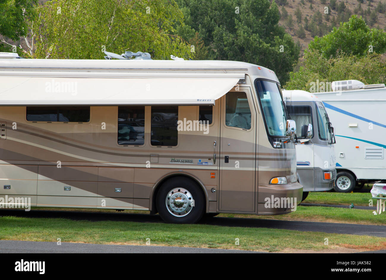 Motorhome in campground, Crook County Fairgrounds, Prineville, Oregon Stock Photo