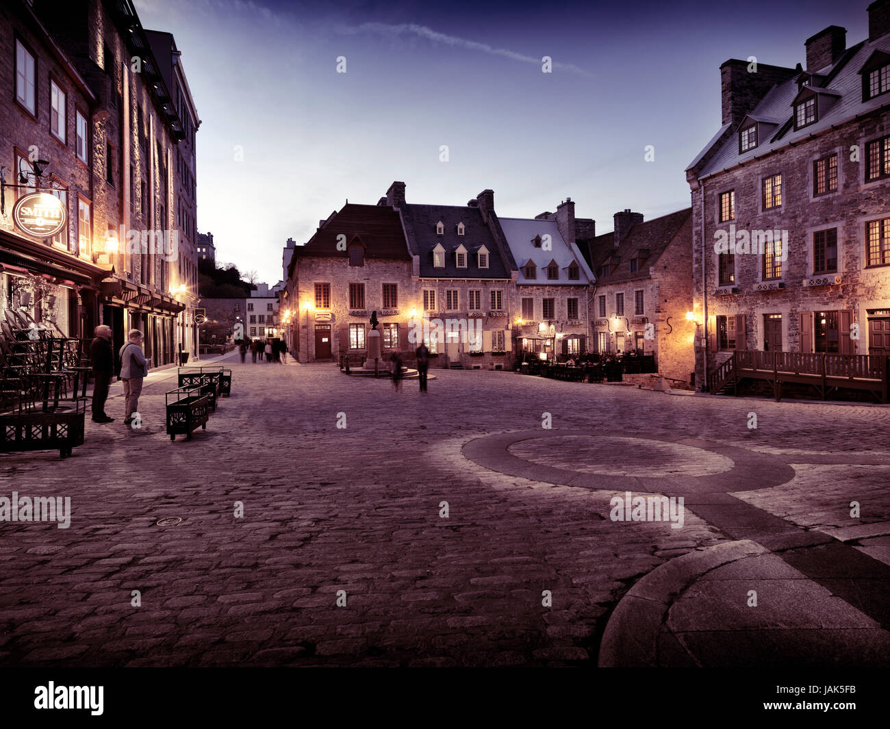 Nighttime view of Place Royale, Royal Square with boutiques and restaurants. Old Quebec City. Quebec, Canada. Ville de QuÃ©bec. Stock Photo