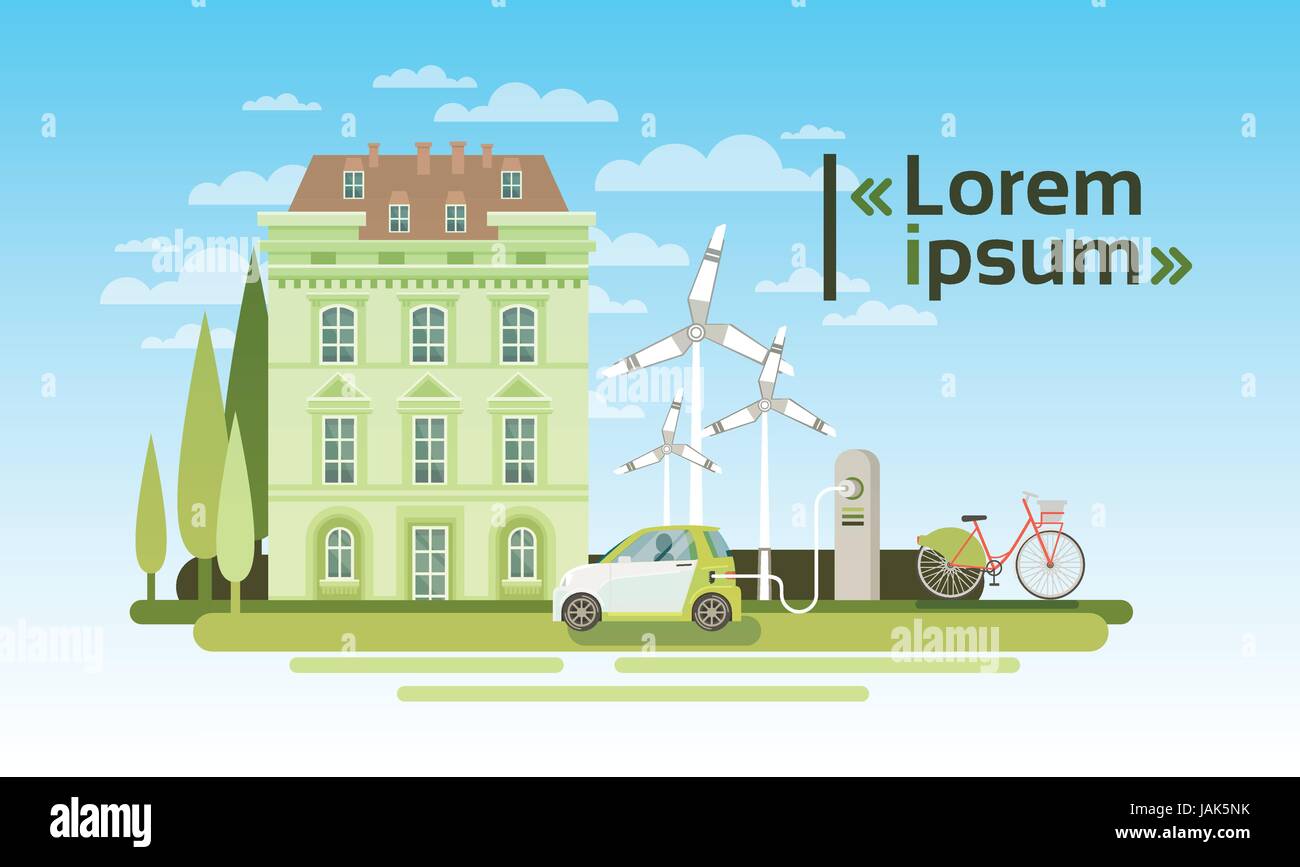 House Building With Wind Turbine And Electric Car Eco Real Estate