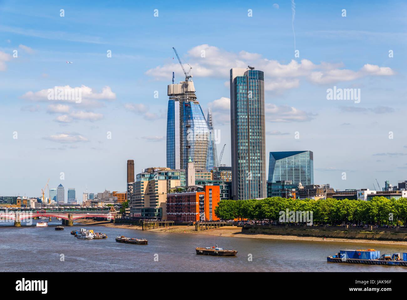 Panoramic city of london, ships on the river thames, modern and old buildings, sunny day Stock Photo