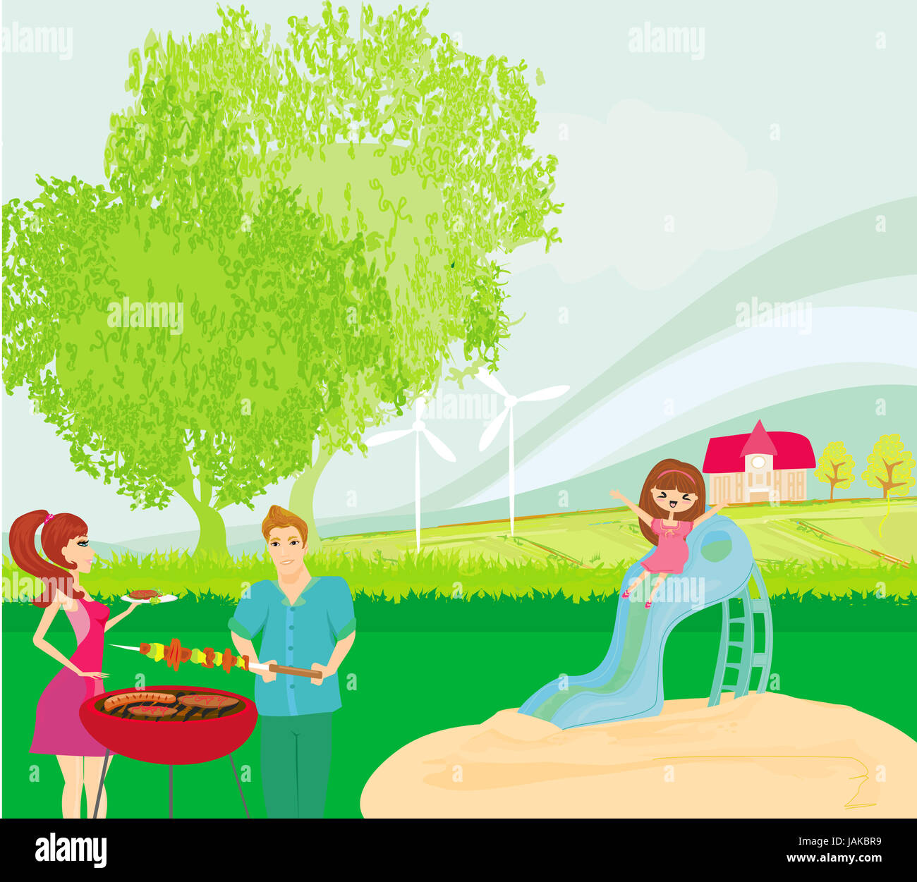 vector illustration of a family having a picnic Stock Photo