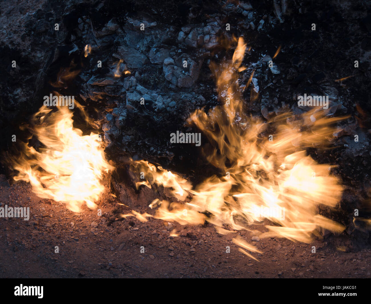 Yanar Dag, the burning mountain, in Baku Azerbaijan, a continuing  natural gas fire showing the deposits below ground Stock Photo