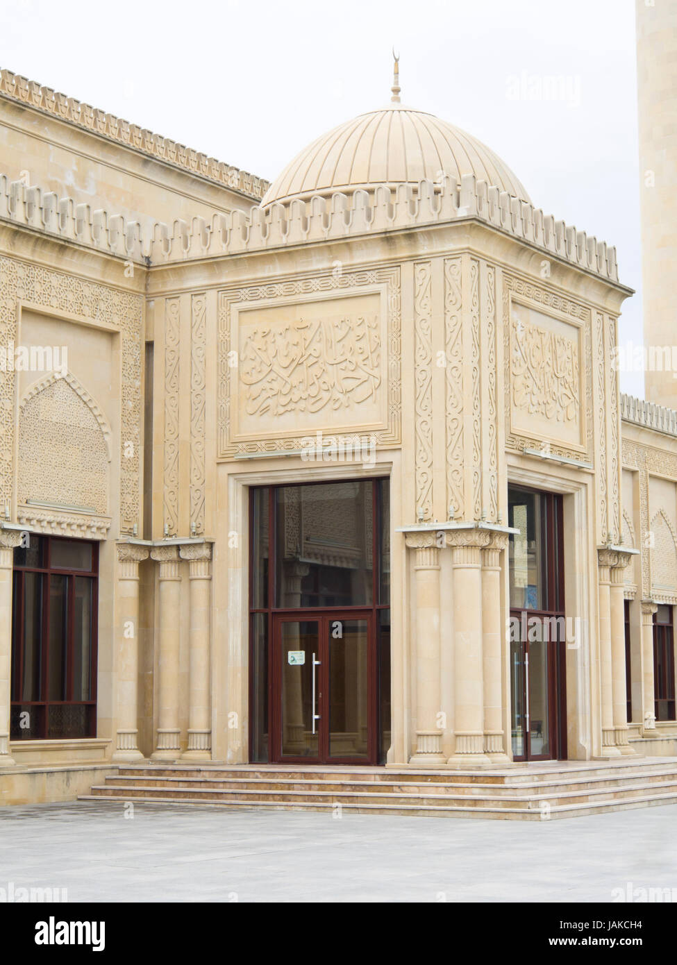 Juma Mosque in the town of  Shamakhi origins dating back to ca 744, reconstructed many times, latest in ca 2010, main entrance with ornamental carving Stock Photo