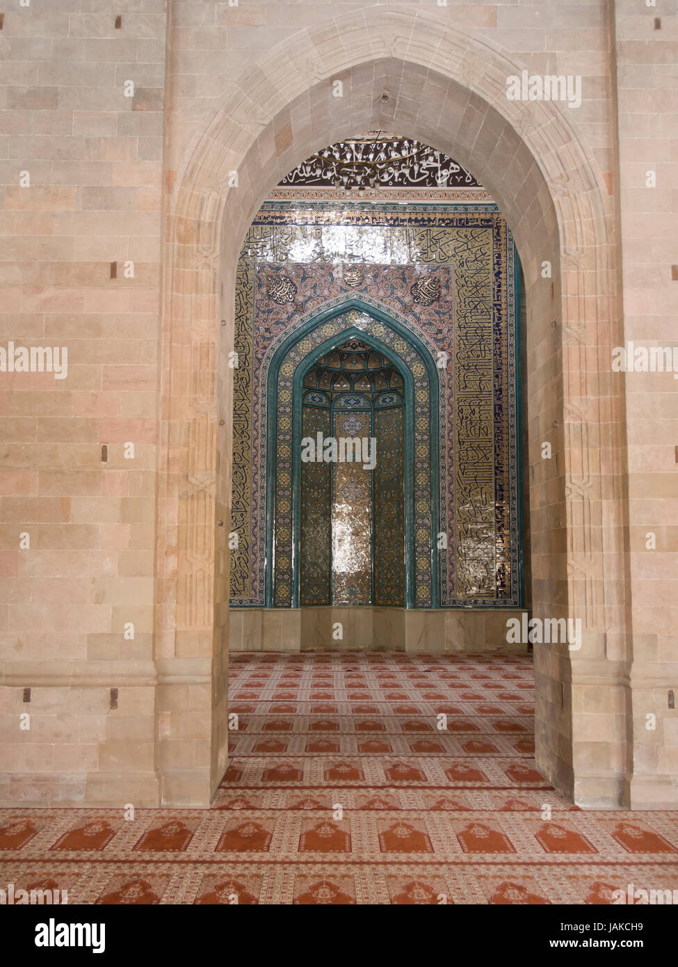 Juma Mosque in the town of  Shamakhi origins dating back to ca 744, reconstructed many times, latest in ca 2010, interior details ,ornamental décor Stock Photo