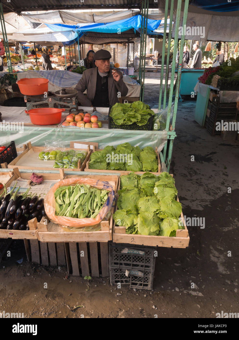 The daily outdoors market in Şəki (transcribed Shaki or Sheki) in northern Azerbaijan offers produce from a fertile agricultural region, vegetables Stock Photo