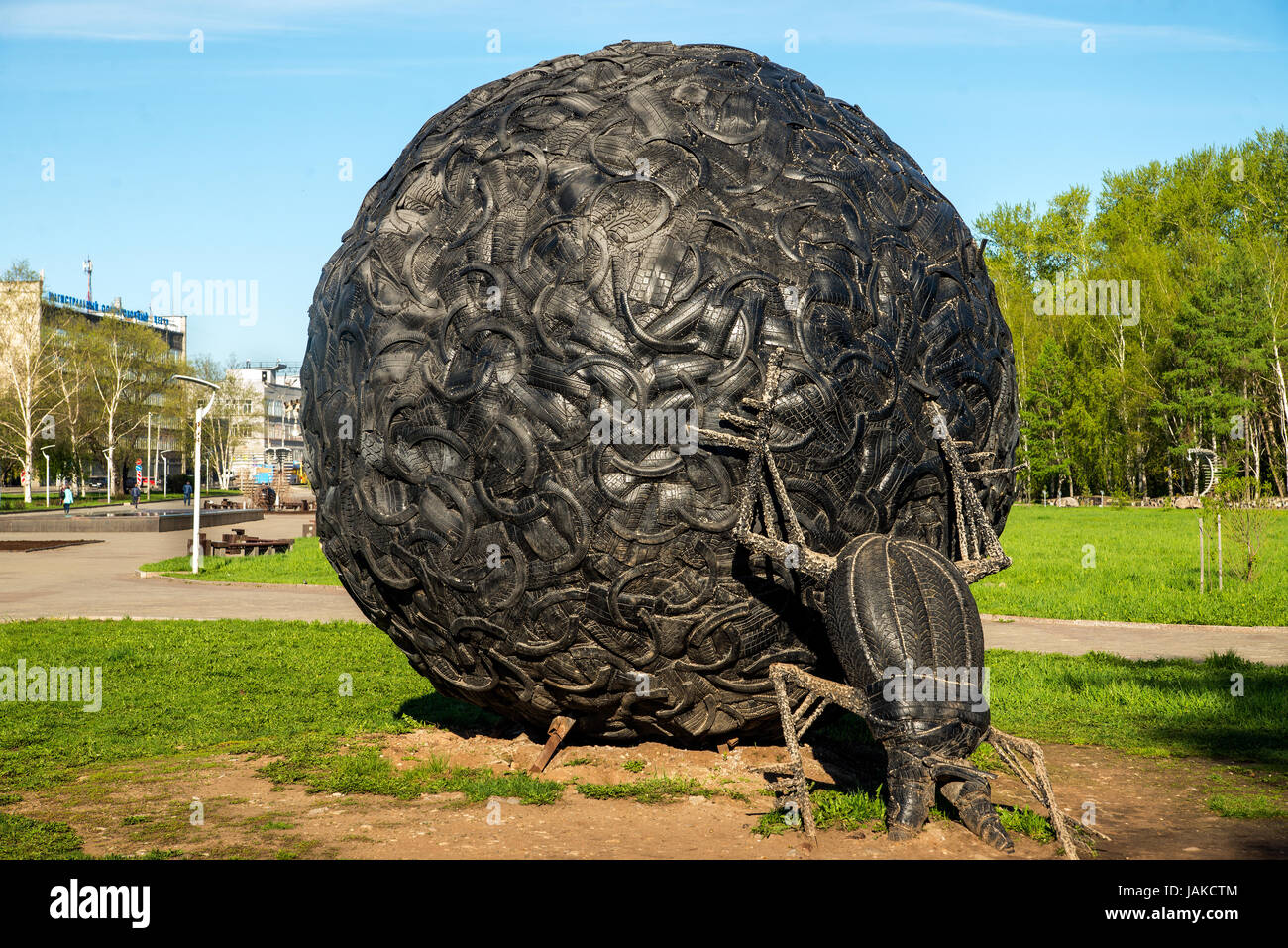 Art object Dung-beetle made of old tyres in Perm city, Russia Stock Photo