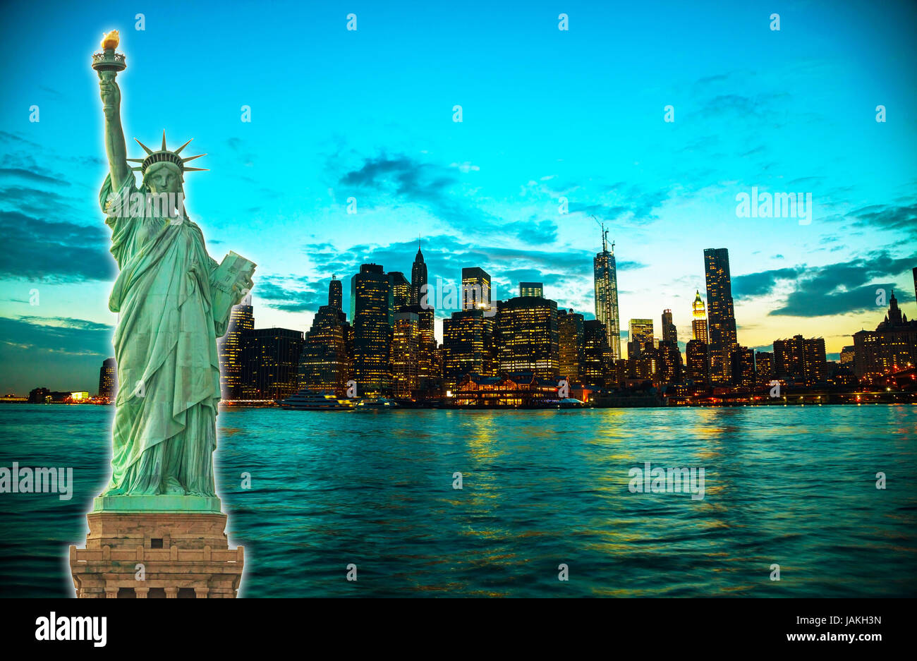 New York City cityscape in the evening at sunset Stock Photo - Alamy