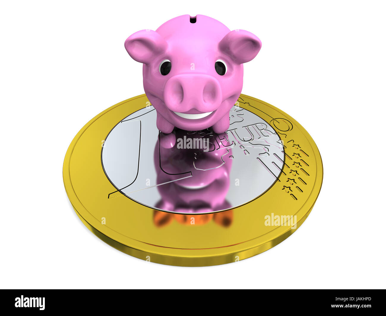 Happy pink piggy bank on Euro coin, concept of savings and investments ...