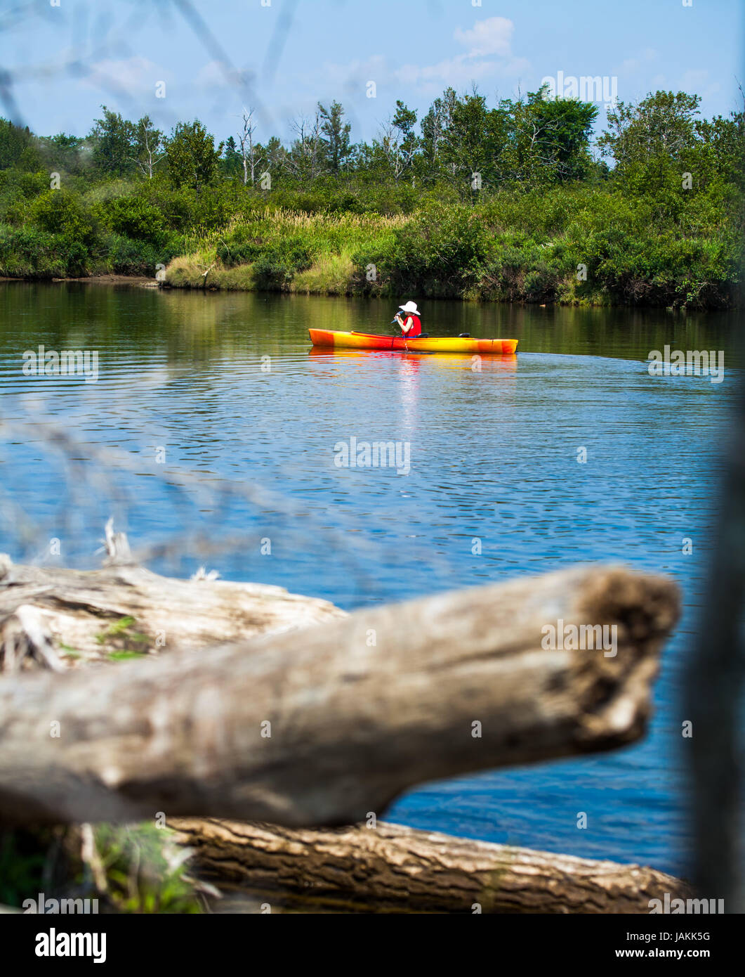 Young Woman Kayaking Alone on a Calm River and Wearing a Safety Vest