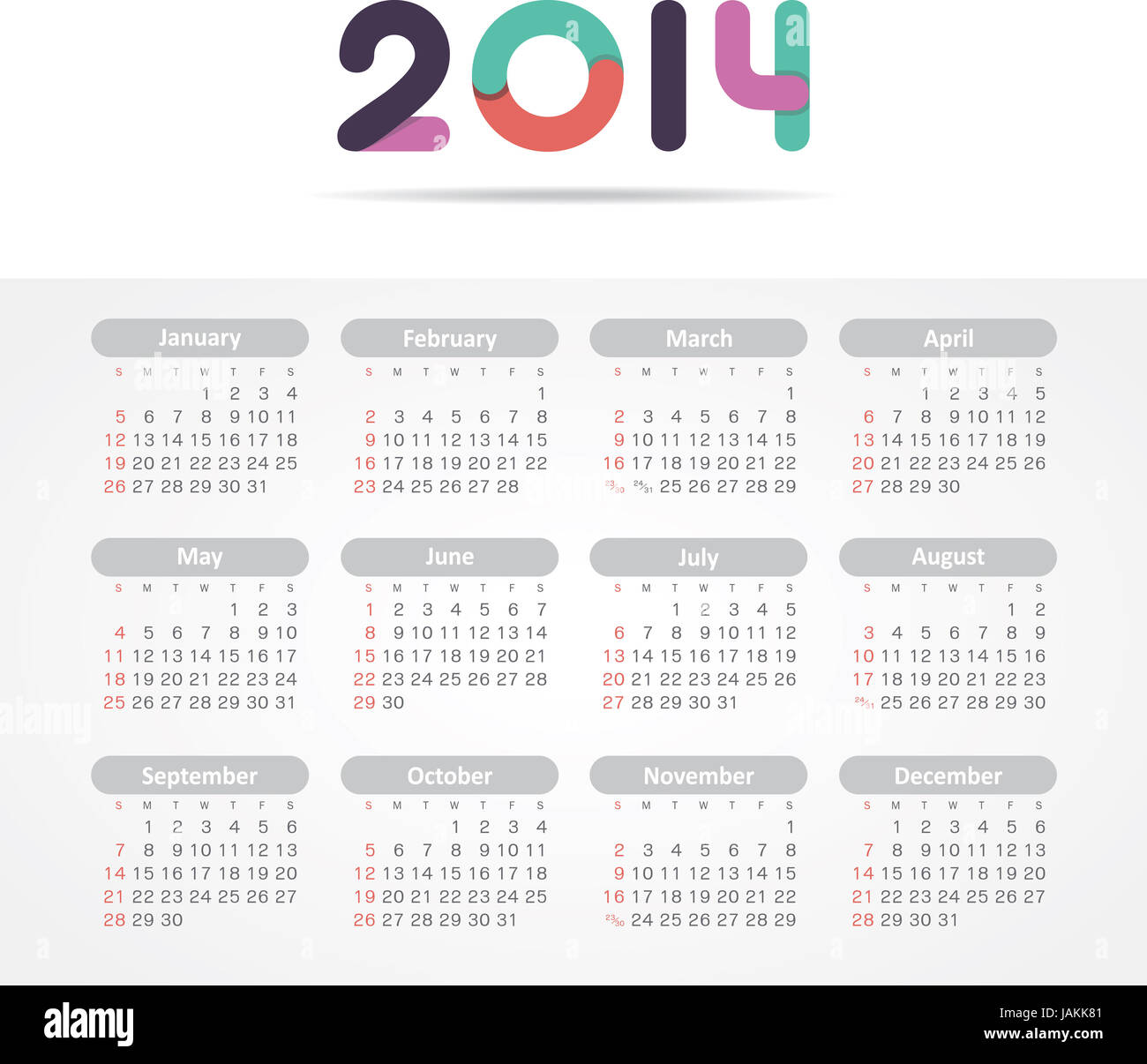Vector calendar for 2014 eps without transparency Stock Photo - Alamy