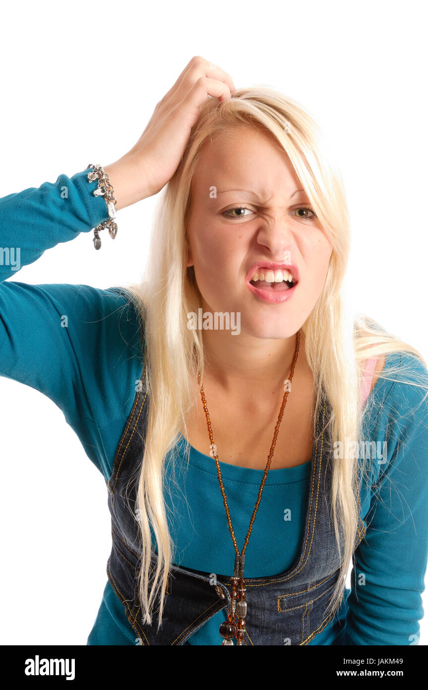 Süßes blondes Mädchen mit langen Haaren in verschiedenen Posen vor weißem Hintergrund Stock Photo