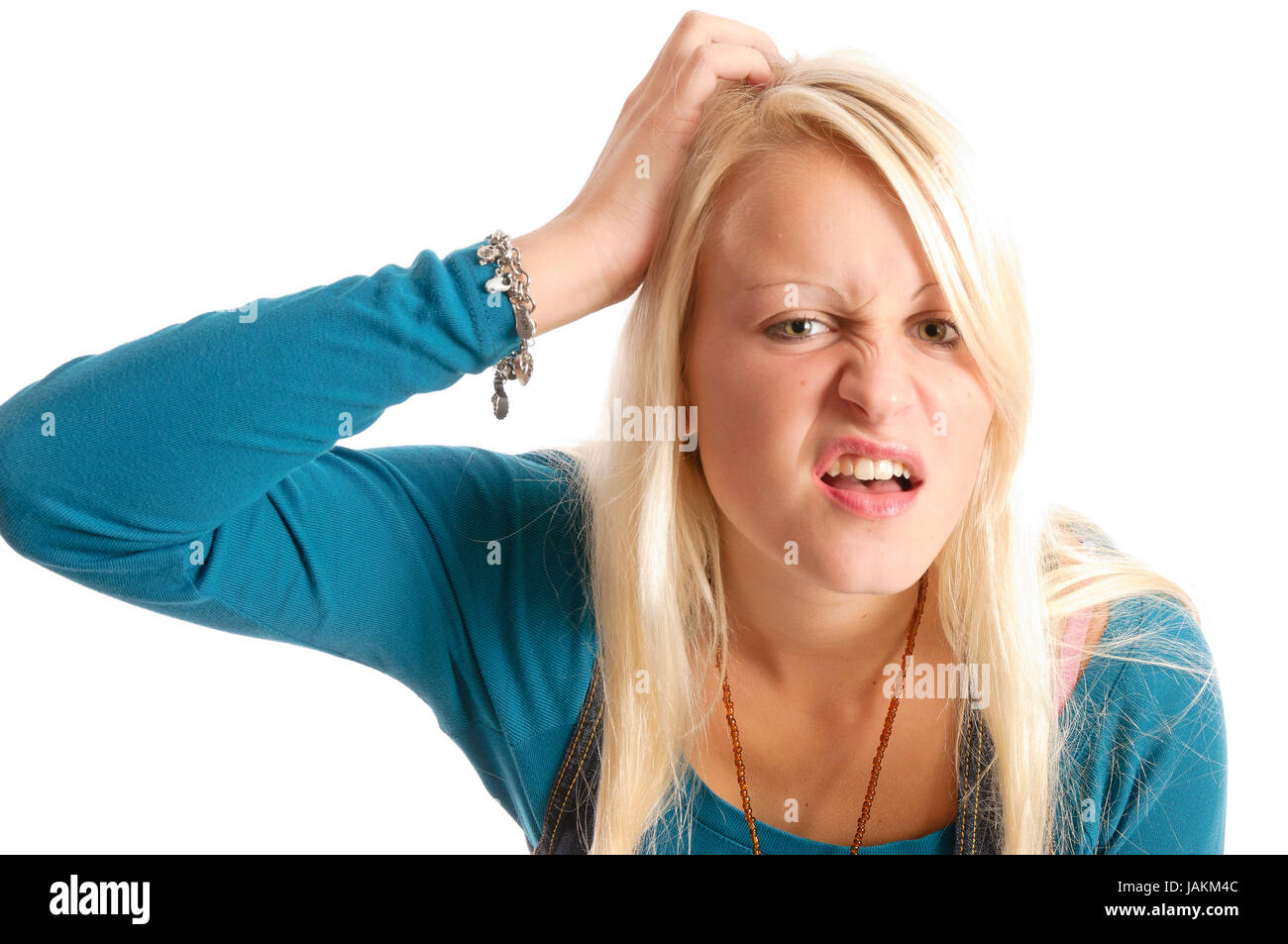 Süßes blondes Mädchen mit langen Haaren in verschiedenen Posen vor weißem Hintergrund Stock Photo