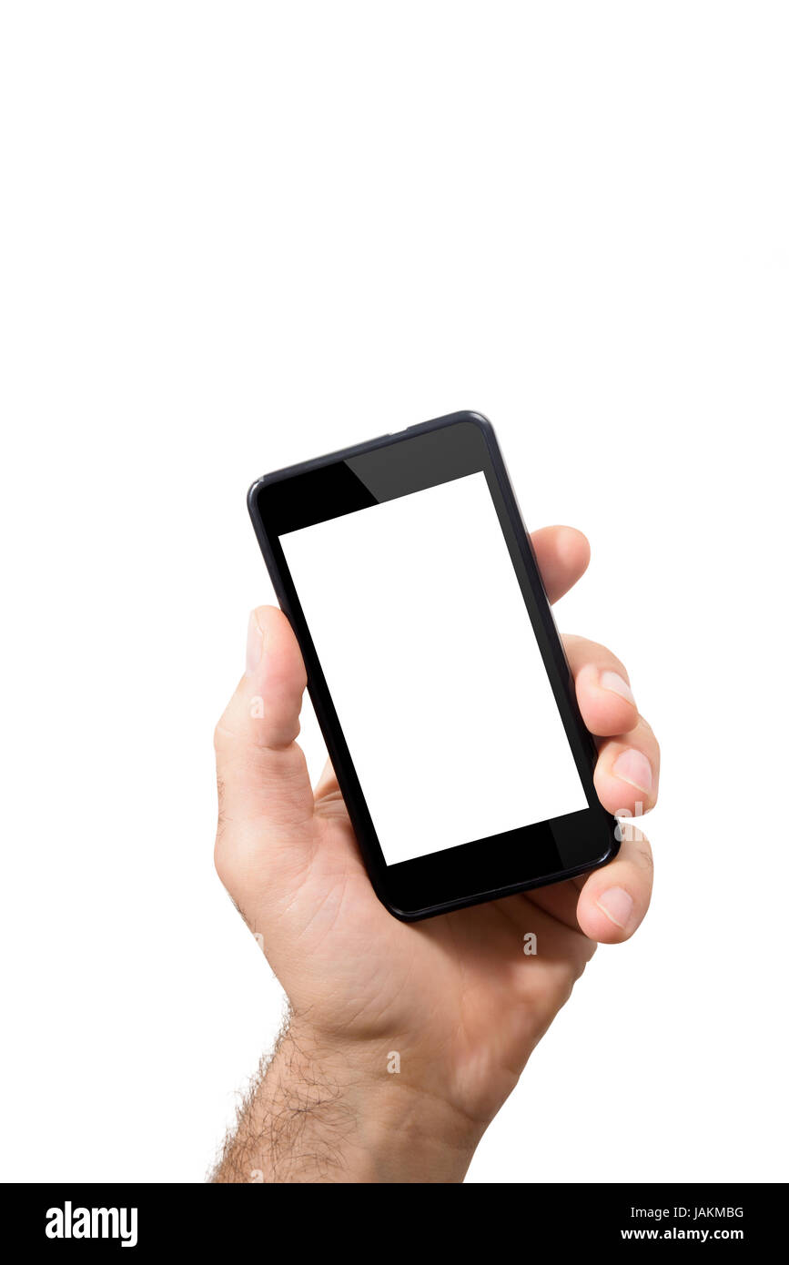 hand of man is holding mobile smartphone with touch screen empty. Subject isolated on a white background Stock Photo