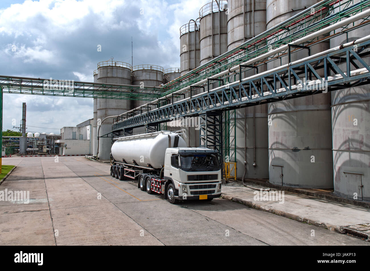 Truck, Tanker Chemical Delivery in Petrochemical Plant in Asia Stock Photo