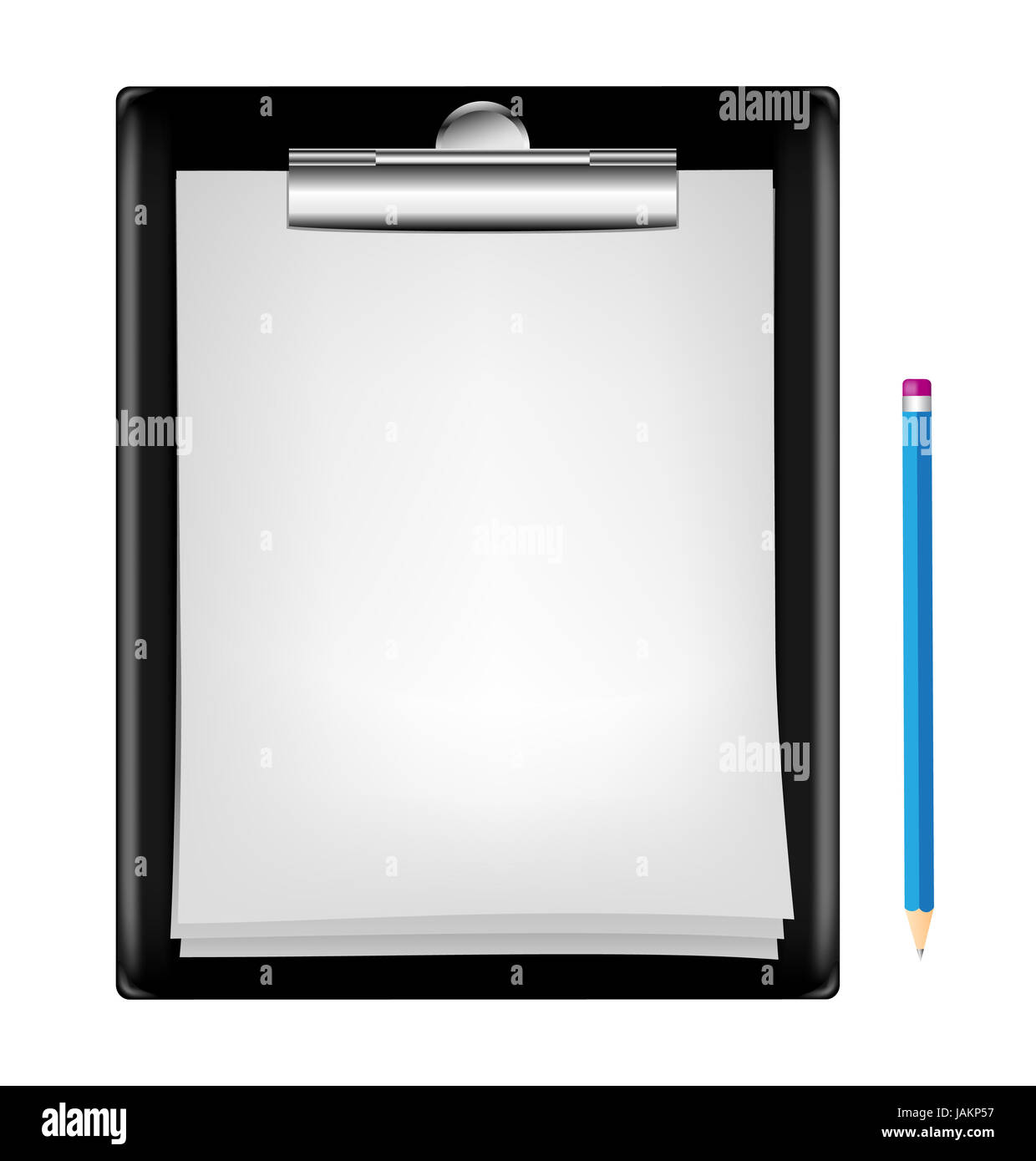 blank clipboard with an empty sheet of paper and pencil isolated on the white background Stock Photo