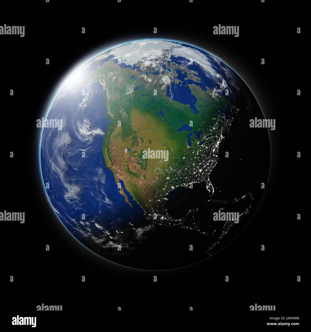 North America on blue planet Earth isolated on black background. Highly ...