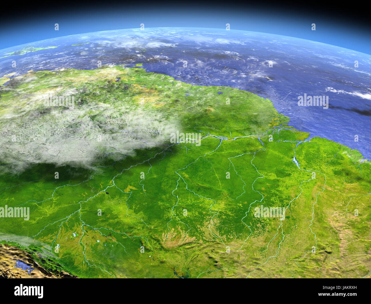 Amazon rainforest from space. 3D illustration with detailed planet