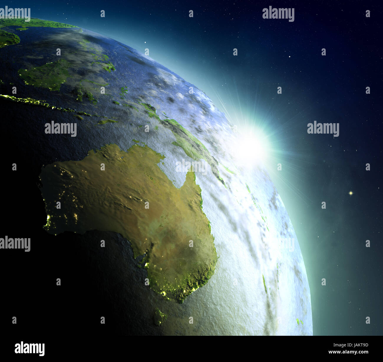 Sunrise above Australia. Concept of new beginning, hope, light. 3D illustration with detailed planet surface, atmosphere and city lights. Elements of  Stock Photo