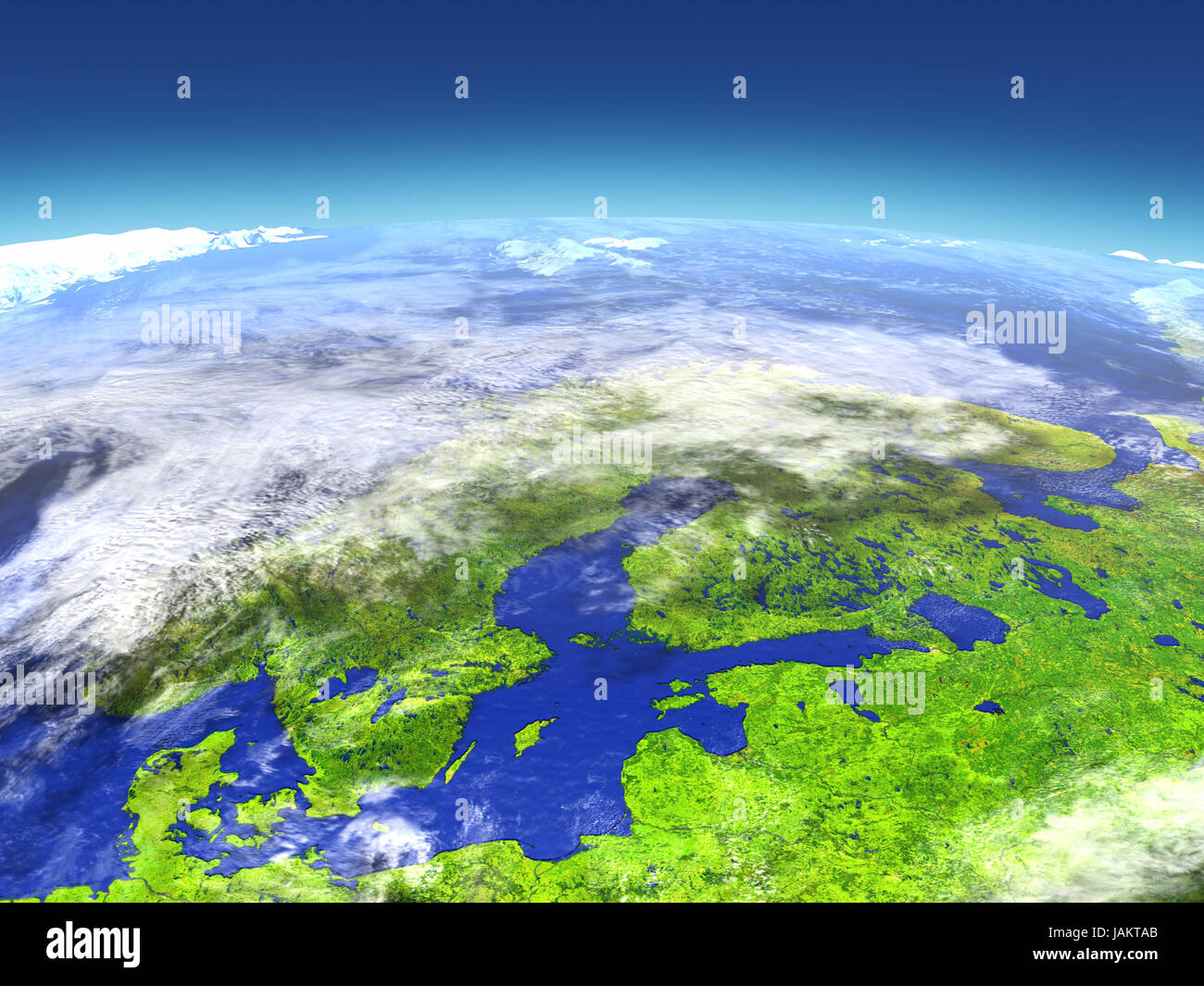 Scandinavian Peninsula from space. 3D illustration with detailed planet surface. Elements of this image furnished by NASA. Stock Photo