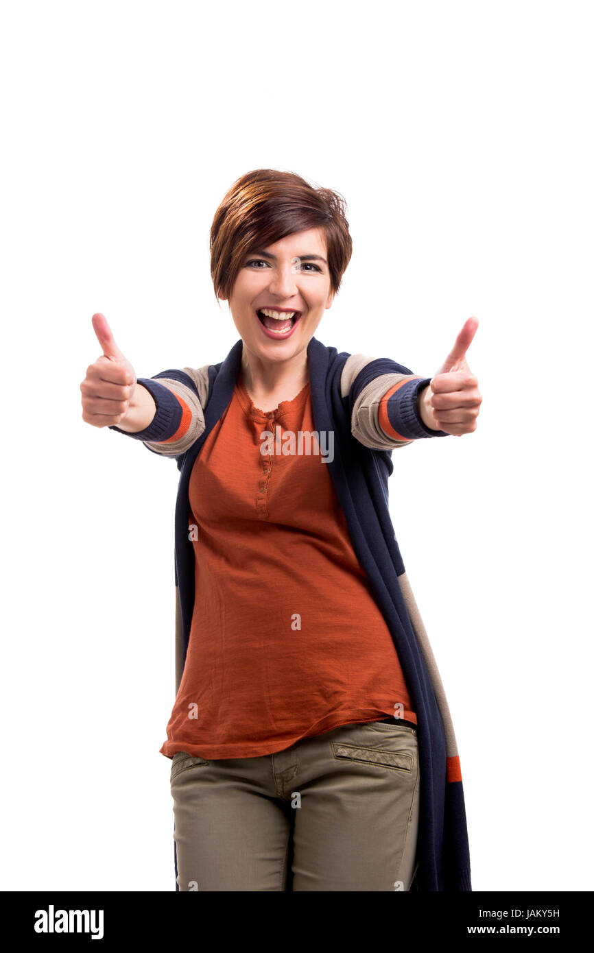 Portrait of a beautiful and happy woman with thumbs up, isolated over a ...