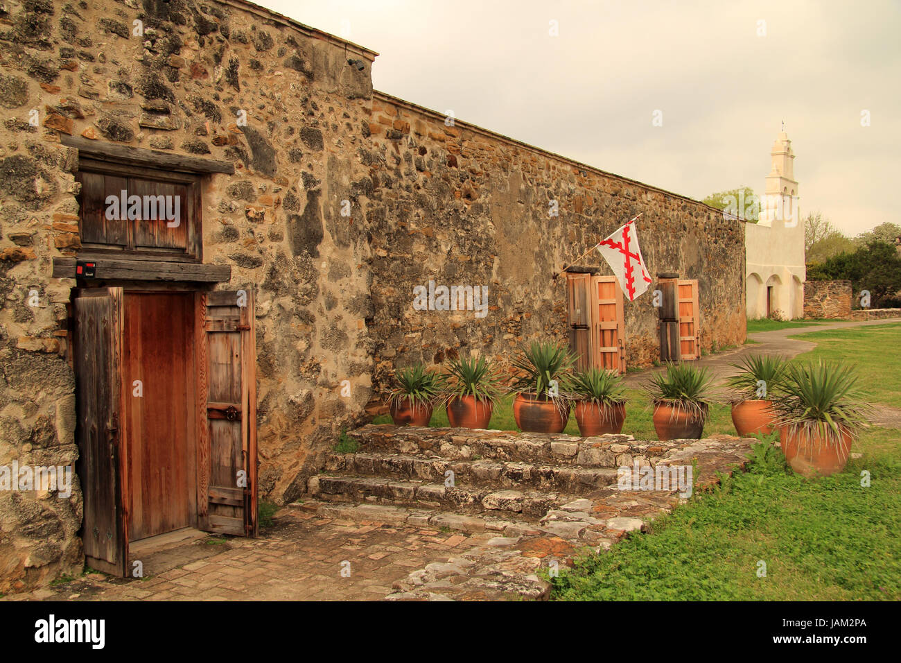 Mission San Juan, pictured here, represents one of five historic missions built during Spanish colonial rule, the most famous of which is the Alamo Stock Photo
