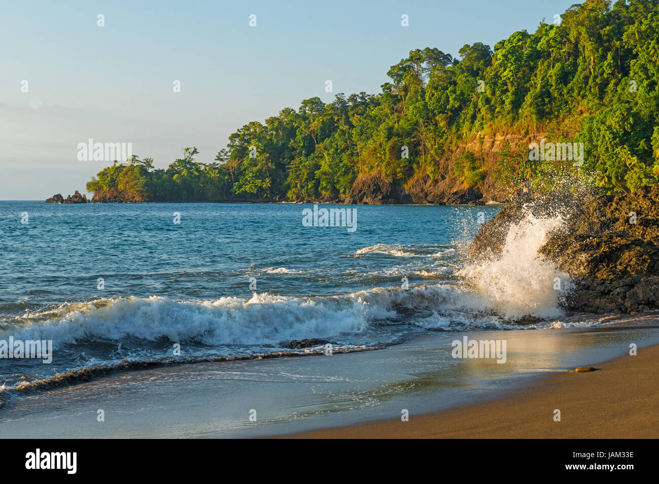 Wave crashing at sunset on the beach by Corcovado national park in the Osa Peninsula by the Pacific Ocean in Costa Rica, Central America. Stock Photo