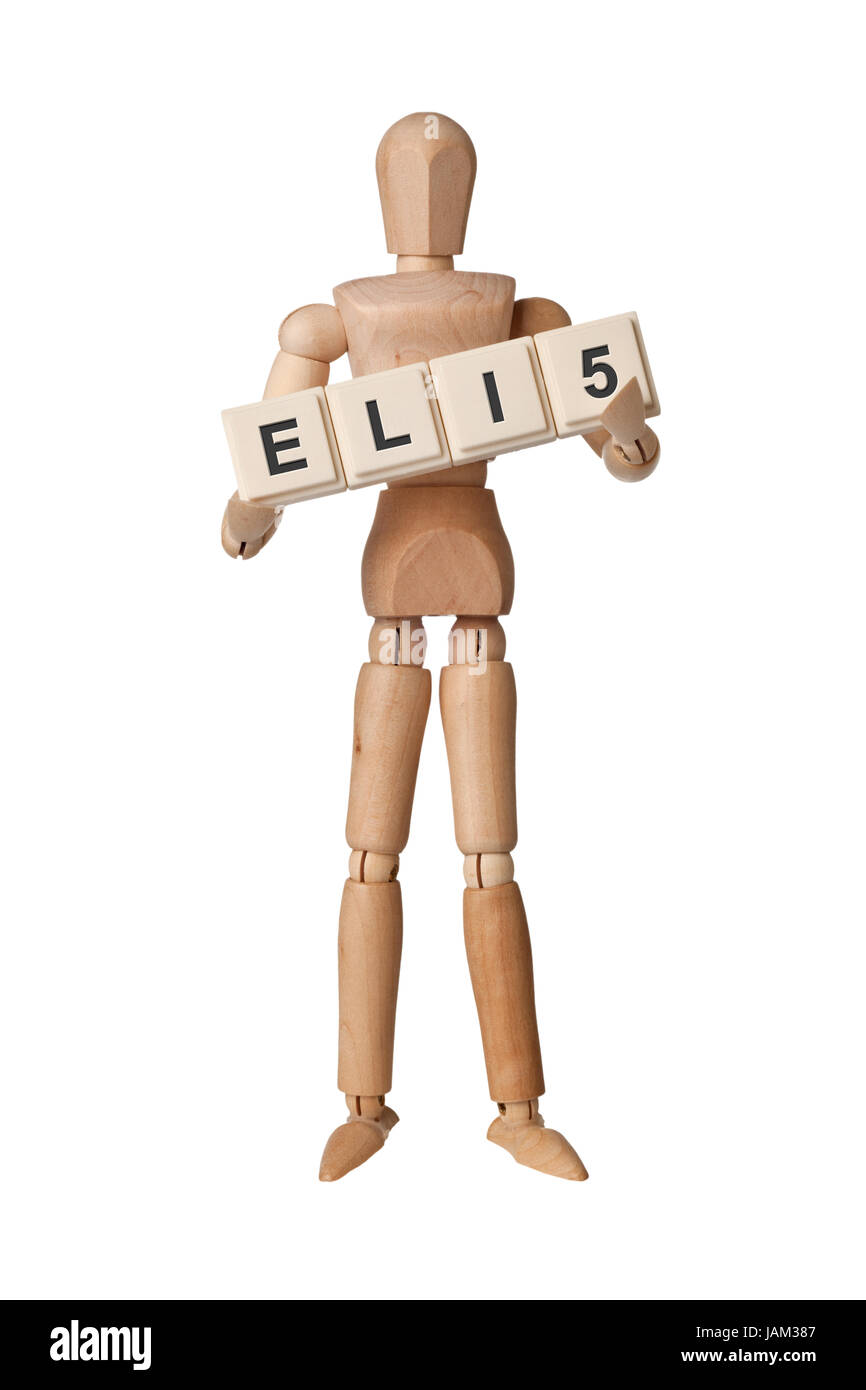 Wooden figurine with the letters ELI5 isolated on white background ...
