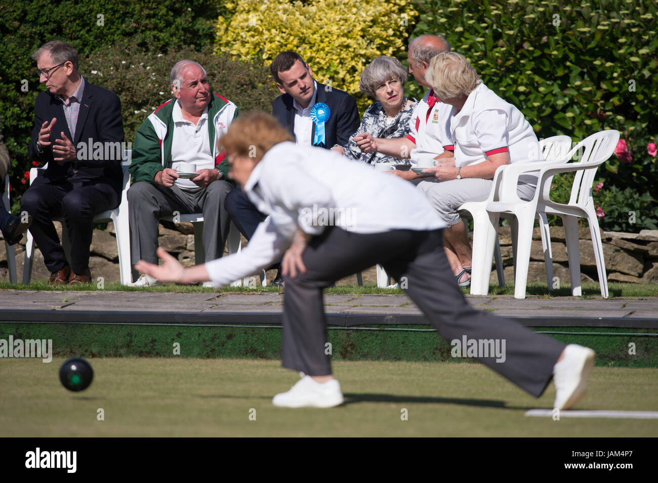 Prime Minister Theresa May (thrid right) visits Atherley Bowling Club in Southampton, with her husband Philip (left) while on the General Election campaign trail. Stock Photo