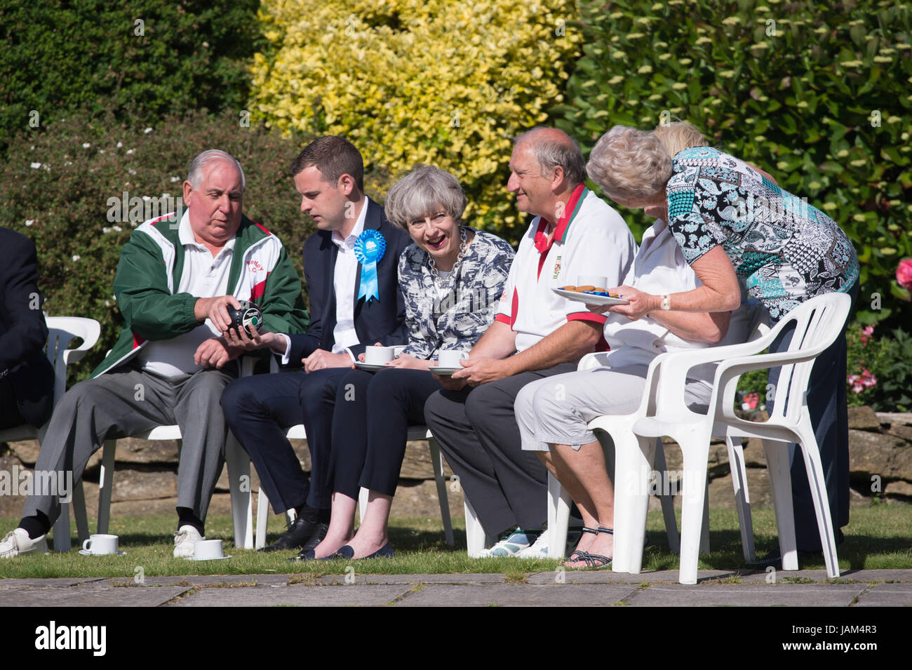 Prime Minister Theresa May (second left) visits Atherley Bowling Club in Southampton, while on the General Election campaign trail. Stock Photo