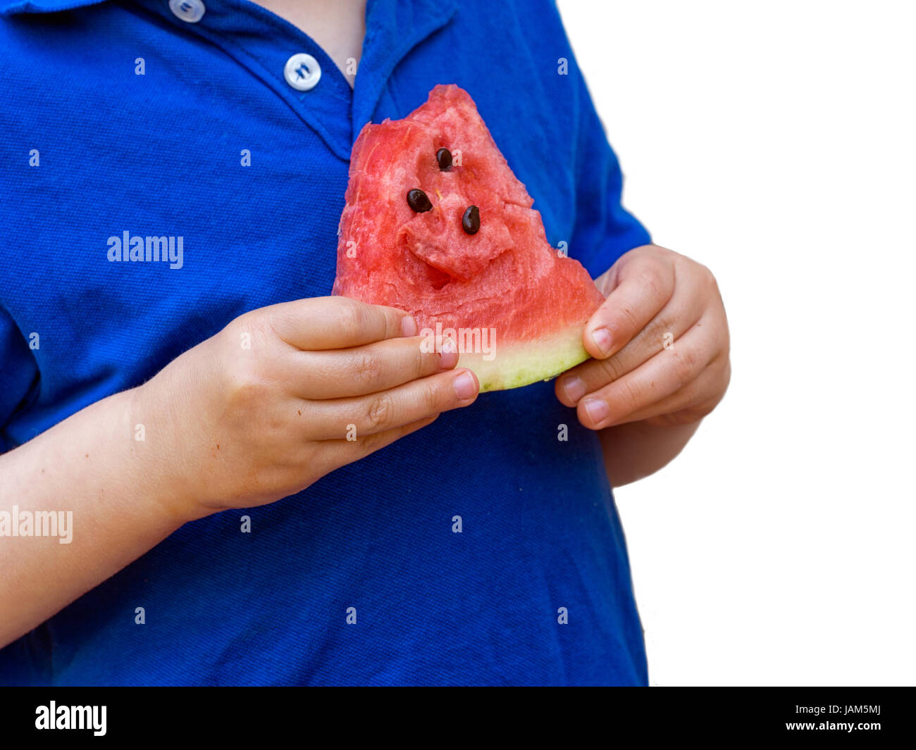 Small boy, rather plump, eating watermelon. Healthy childhood concept. White background. Stock Photo
