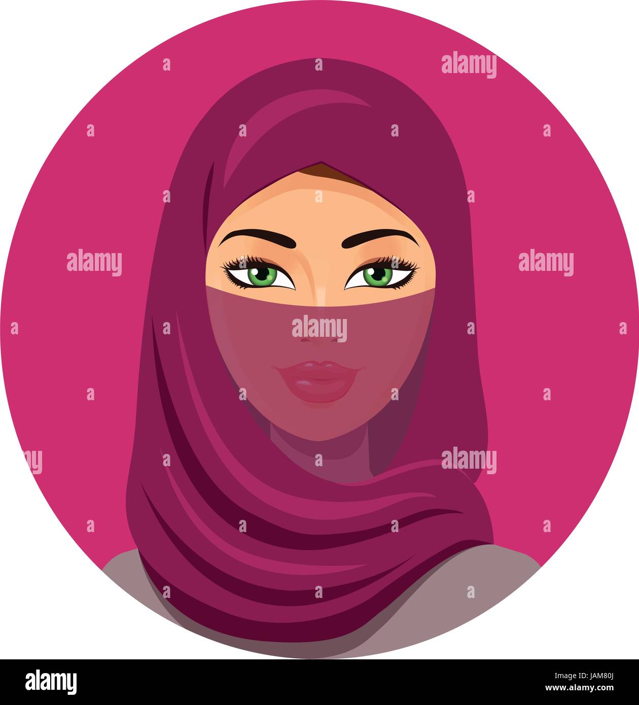 Beautiful muslim arab woman portrait using a red veil vector flat icon avatar. Stock Vector
