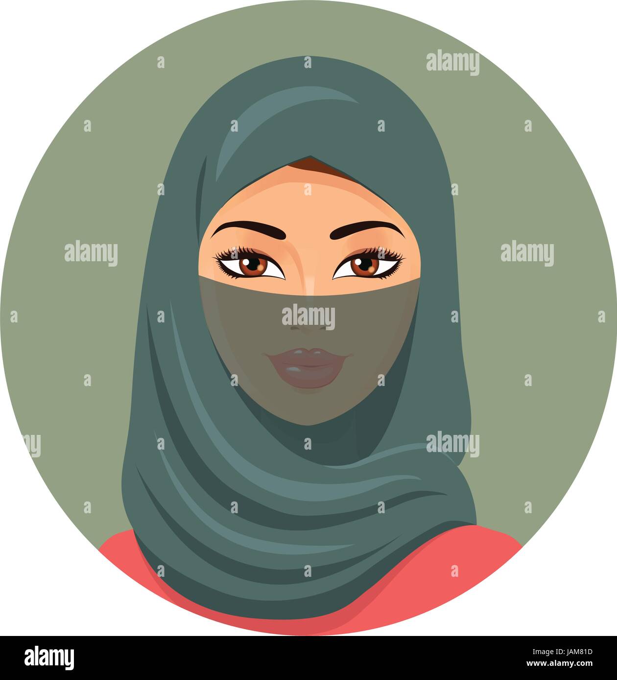 Portrait of muslim woman using a green veil isolated on a white background Stock Vector