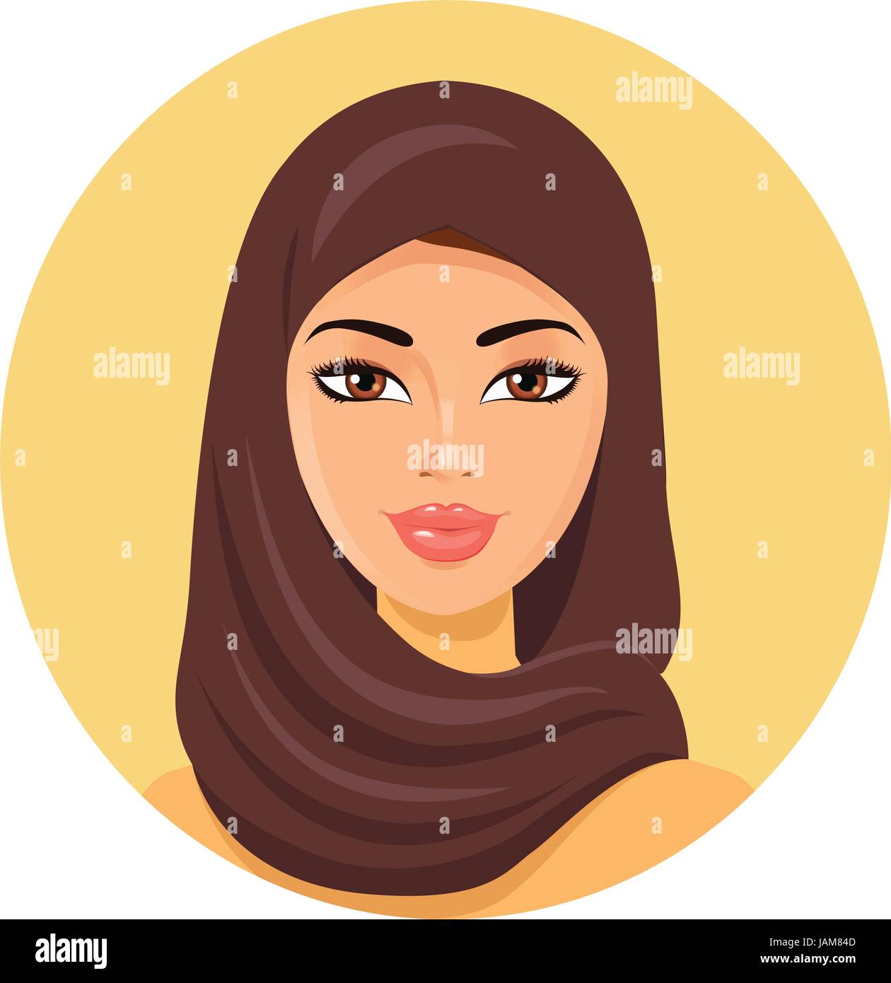 Beautiful young happy muslim woman in hijab vector flat icon avatar. Stock Vector