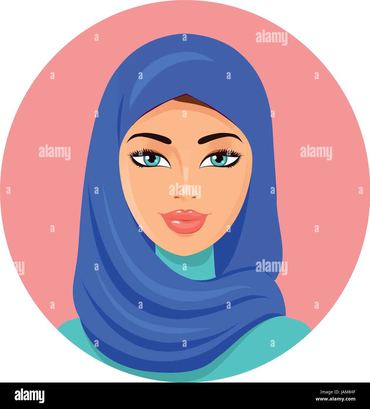 Muslim young beautiful arab woman in a blue hijab Isolated on a white background Stock Vector