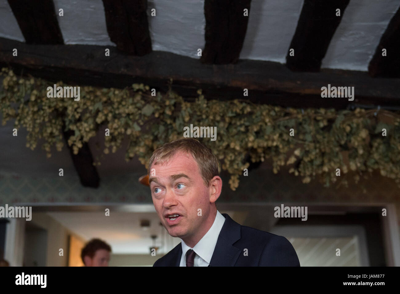 Liberal Democrats leader Tim Farron visits Dylans The King Arms pub in St Albans, while on the General Election campaign trail. Stock Photo