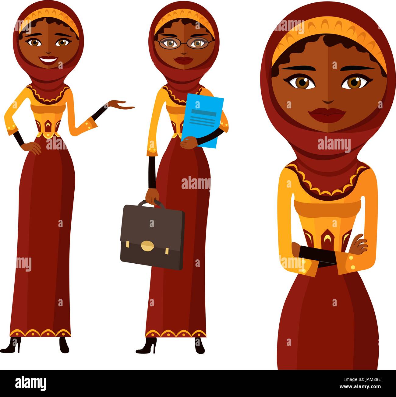 Muslim arab iran business woman set flat vector cartoon illustration isolated Stock Vector