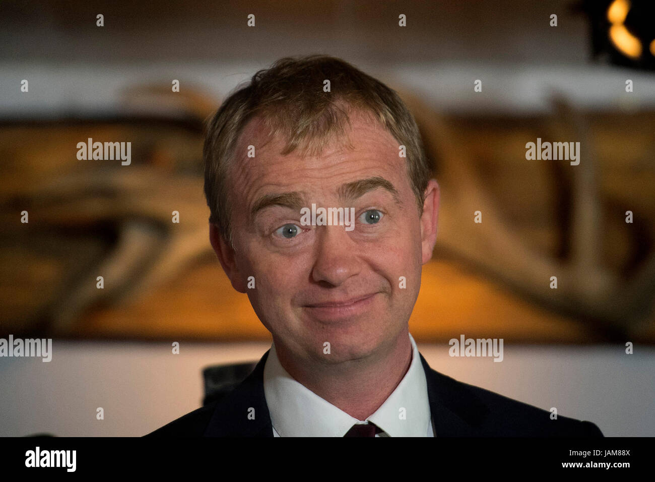 Liberal Democrats leader Tim Farron talks to local business owners during a visit to Dylans The King Arms pub in St Albans, while on the General Election campaign trail. Stock Photo