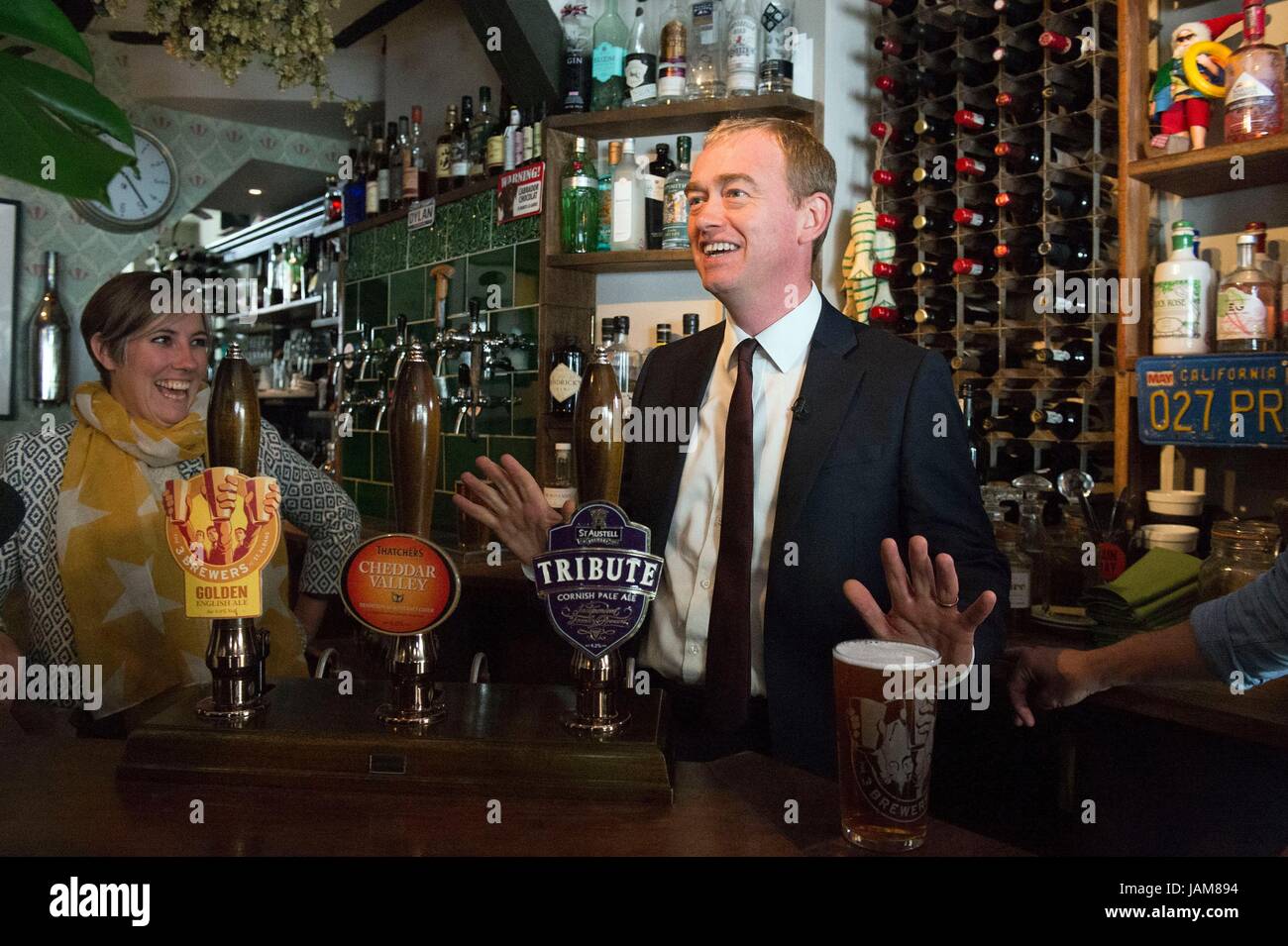 Liberal Democrats leader Tim Farron turns down a pint during a visit to Dylans The King Arms pub in St Albans, while on the General Election campaign trail. Stock Photo