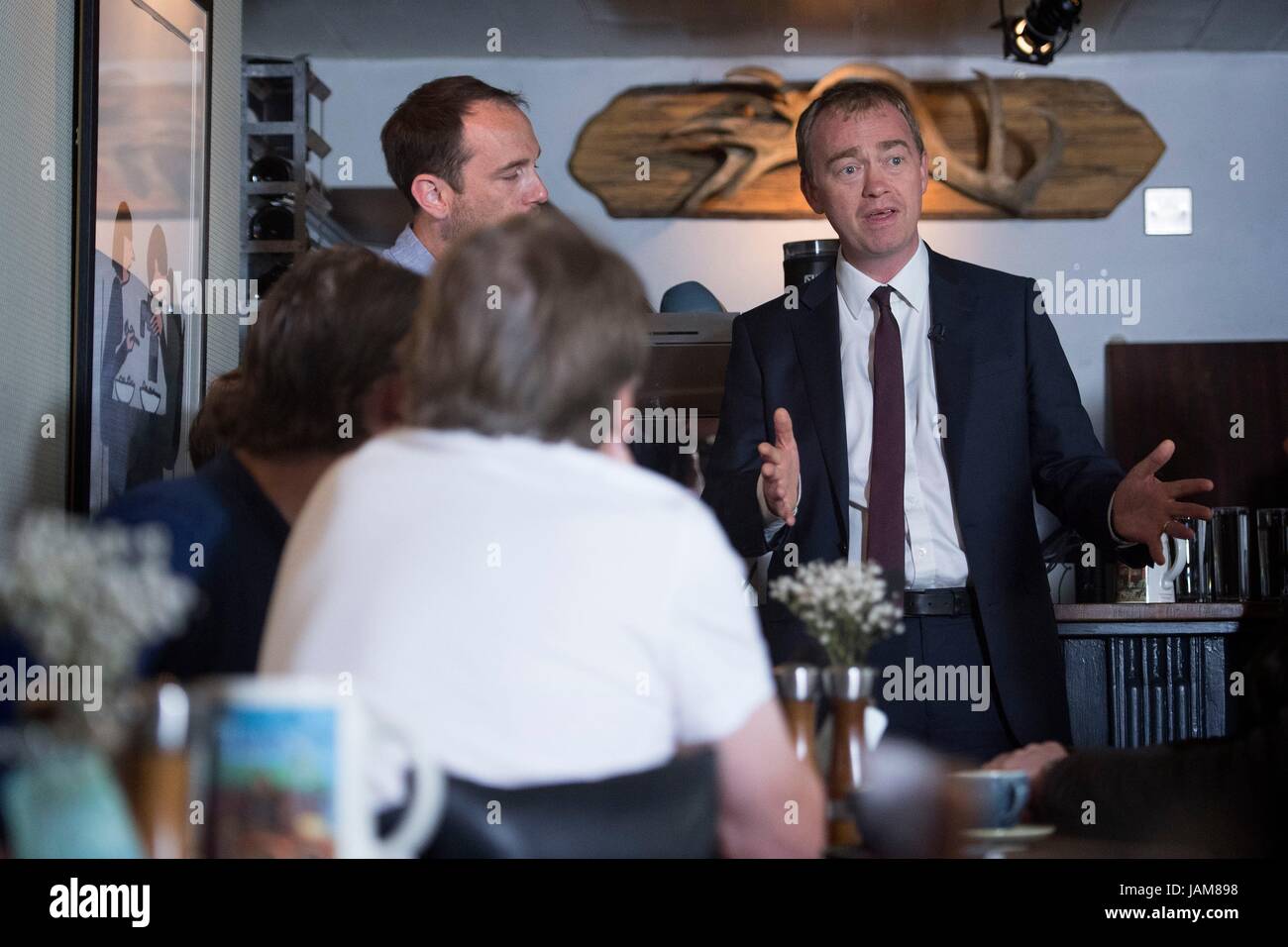 Liberal Democrats leader Tim Farron talks to local business owners during a visit to Dylans The King Arms pub in St Albans, while on the General Election campaign trail. Stock Photo