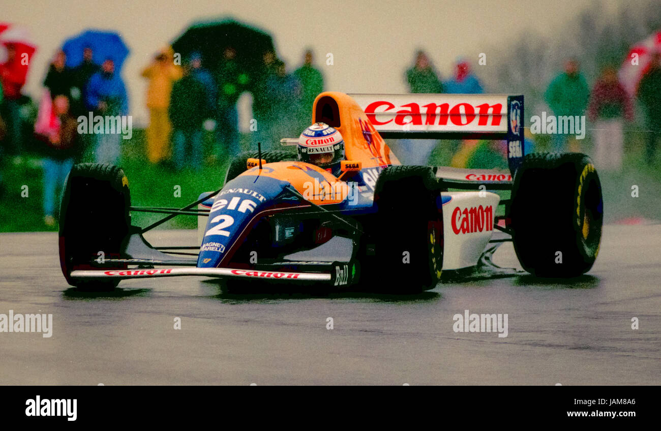 Alain Prost racing in the Williams- Renault at the 1993 European Grand Prix  at Donnington Park. He ended finishing third in a stormy and rain soaked  race. This was the first and